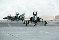 A view of three F-4 Phantom II aircraft parked at Shiraz Air Base - August 1, 1977