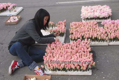 Volunteer working to decorate a float with roses - Pasadena (December 31, 2009) - by QH