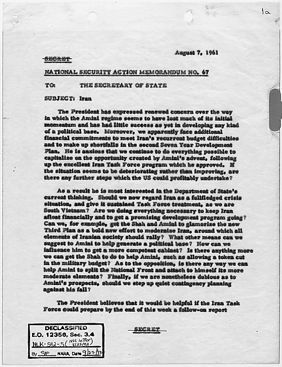 National Security Action Memorandum No. 67 Iran, 08/07/1961