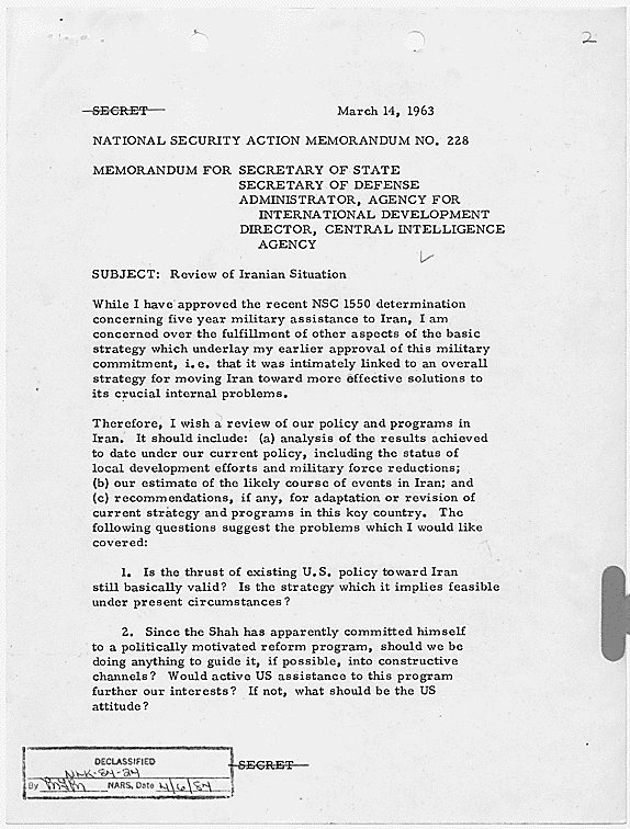 National Security Action Memorandum No. 228 Review of Iranian Situation, 03/14/1963 