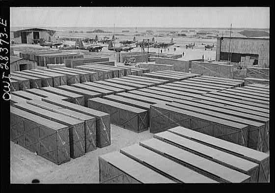 Crated fighter planes awaiting assembly at a delivery point of American warplanes to Russia somewhere in Iran.