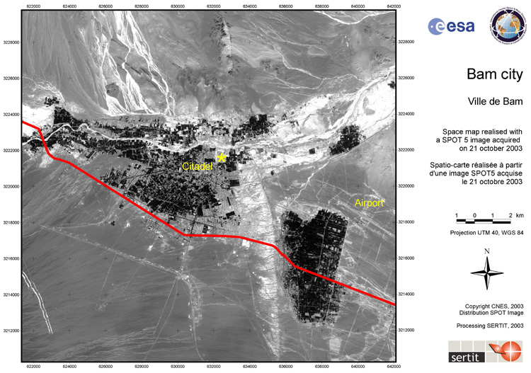 Bam city overview map derived from SPOT 5 image acquired on 21 October 2003 (pre-disaster).