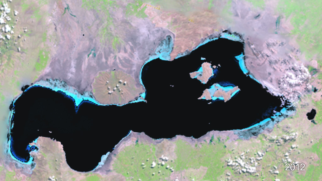 By 2012, the lake had lost many of the islands that provided feeding and breeding grounds for migrating birds. - NASA
