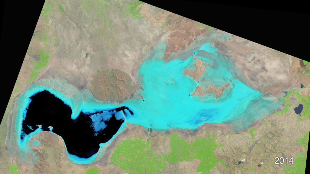 The lake covered around 62,000 hectares by 2014 - a decrease of nearly 90 percent since the 1970s. - NASA