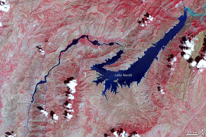 Vakhsh River and Lake Nurek, Tajikistan - NASA (July 9, 2007)