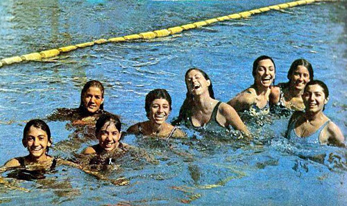 From left:  Haleh Vafaei, Shirin Firouzabadian, Linda Firouzabadian, Nastaran Hassanizadeh, Leslie Firouzabadian, Farideh Pourabbas, Nastaran Hassanizadeh, Tonia Valioghli - National swimming team 1974