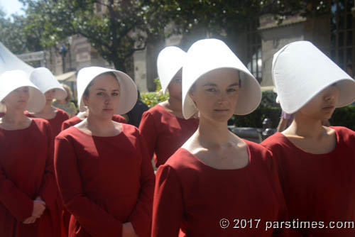 Young Women dressed up as Handmaids, Marketing for Margaret Atwood's The Handmaid's Tale