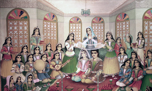 Iranian wedding ceremony depicted in a teahouse painting by Ahmad Khalili