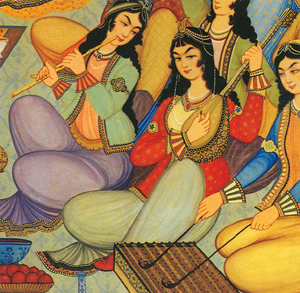 Persian Woman Depicted in 18th Century Painting: Hasht-Behesht Palace women playing the Tar