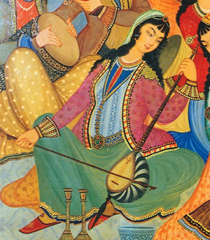 A Persian woman depicted in 18th century painting: Hasht-Behesht Palace women playing the Kamanche