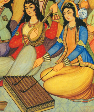 Persian Woman Depicted in 18th Century Painting: Hasht-Behesht Palace women playing the santur