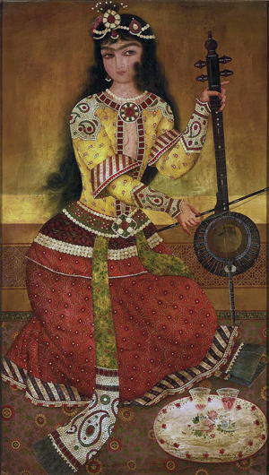 Qajar woman playing the Kamancheh