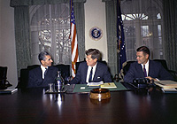 Meeting with the Shah of Iran. Mohammad Reza Shah Pahlavi, President Kennedy, Secretary of Defense Robert McNamara. White House, Cabinet Room, 04/13/1962 - ARC Identifier: 194206. 
